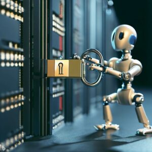 A robot trying to break a padlock in front of computer servers