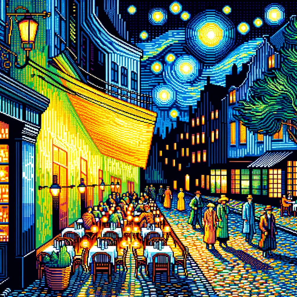 Illustration d'une version pixelisée en 8-bit du Terrasse de café le soir de Vincent van Gogh, mettant en valeur la lueur lumineuse des lumières du café et les détails complexes de la rue pavée et des clients.