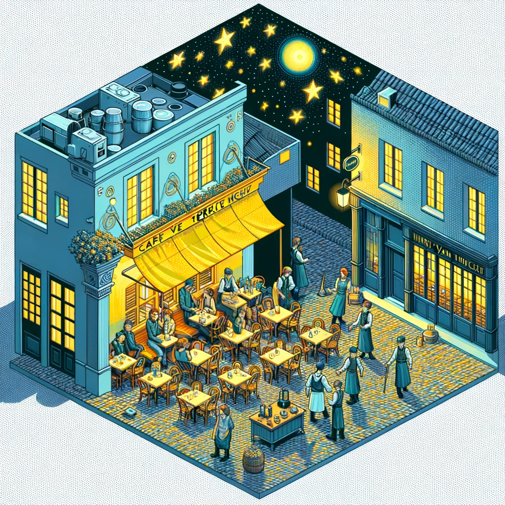 Interprétation vectorielle isométrique de 'Terrasse du café la nuit' par Van Gogh, avec le café en vue miniaturisée sur la gauche, rue s'étendant vers la droite, figurines de clients et serveurs en action, et un ciel étoilé géométrique composé de diamants brillants sur fond isométrique, dans des tons de jaunes et de bleus rappelant la palette originale